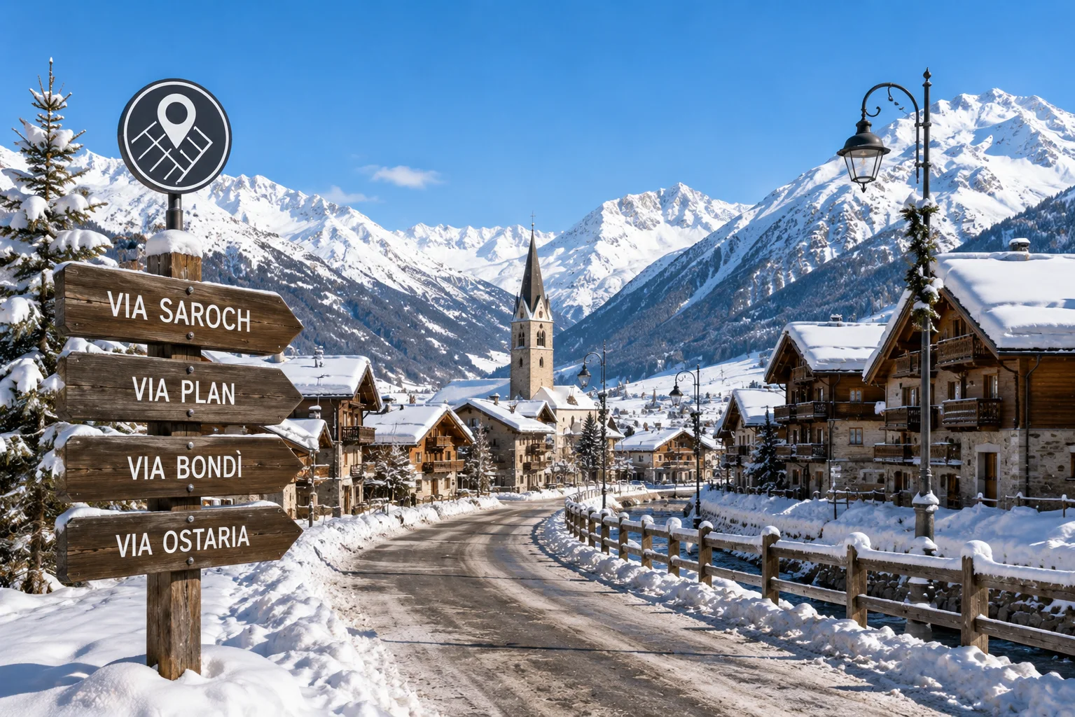 Streets of Livigno and signs indicating the main roads